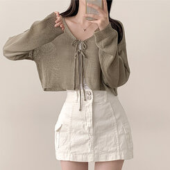 カーディガン リボンストラップ長袖クロップシースルーカーディガン5色 KHAKI