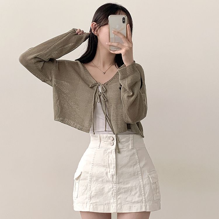 リボンストラップ長袖クロップシースルーカーディガン5色 KHAKI