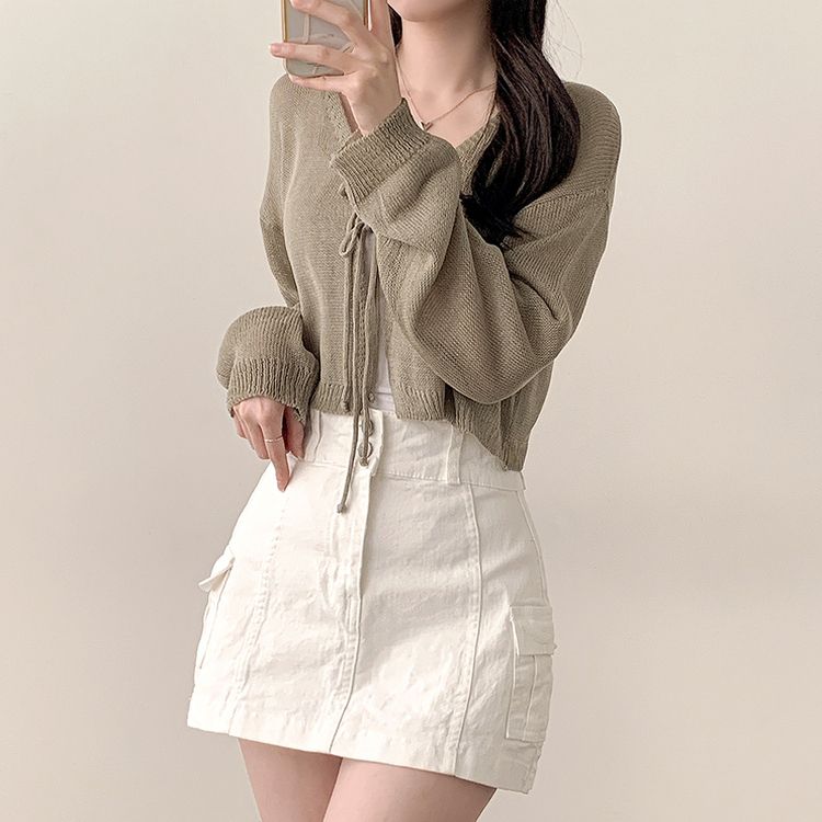 リボンストラップ長袖クロップシースルーカーディガン5色 KHAKI