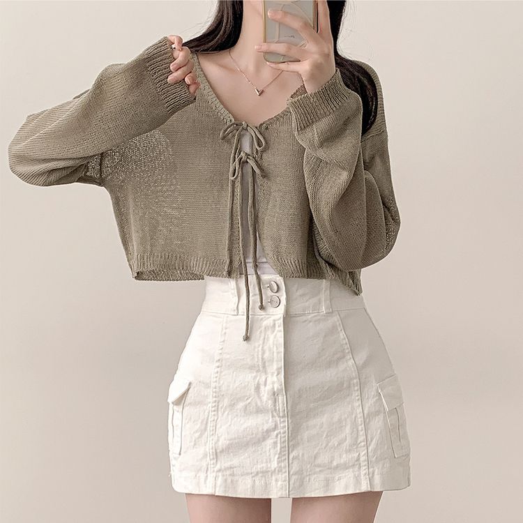 リボンストラップ長袖クロップシースルーカーディガン5色 KHAKI
