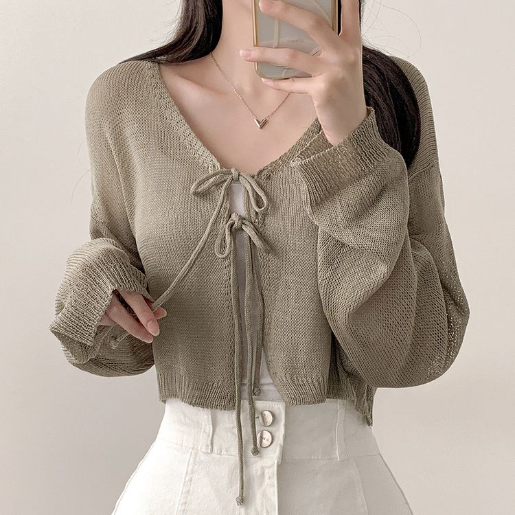 リボンストラップ長袖クロップシースルーカーディガン5色 KHAKI