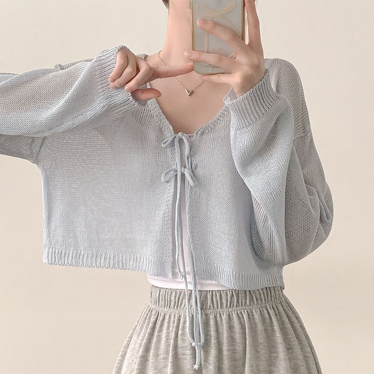 リボンストラップ長袖クロップシースルーカーディガン5色 SKY BLUE