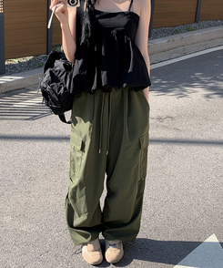コットンパンツ 【ジョガー調節可】ナイロンカーゴピンタックパンツ8色 KHAKI