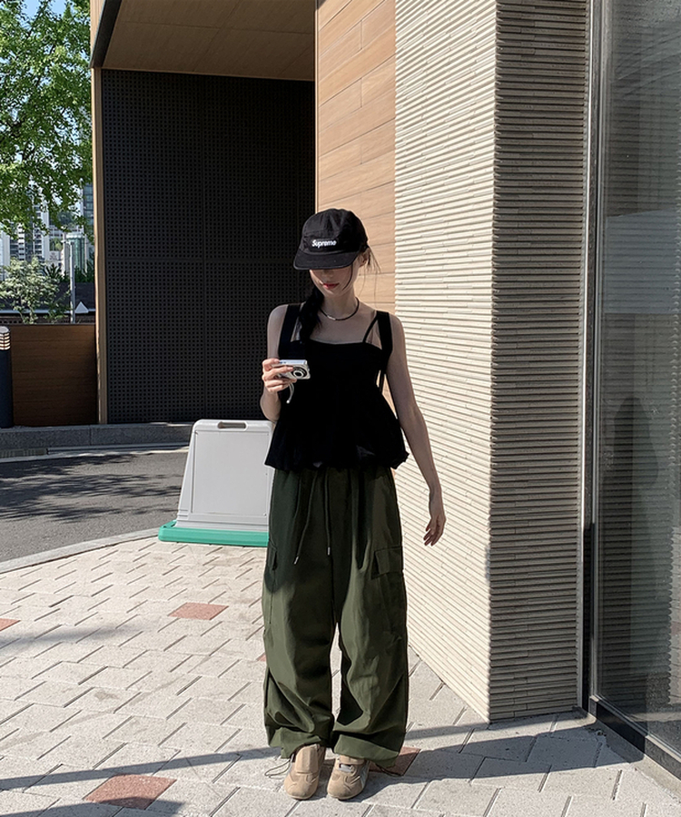 【ジョガー調節可】ナイロンカーゴピンタックパンツ8色 KHAKI