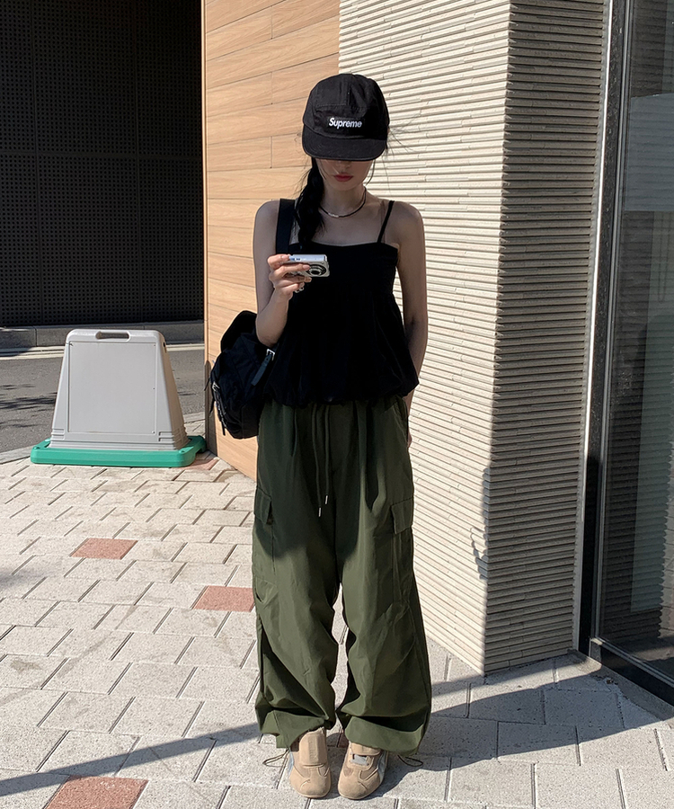 【ジョガー調節可】ナイロンカーゴピンタックパンツ8色 KHAKI
