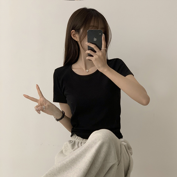 ベーシック無地セミクロップ半袖Tシャツ5色 BLACK