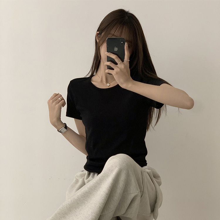 ベーシック無地セミクロップ半袖Tシャツ5色 BLACK