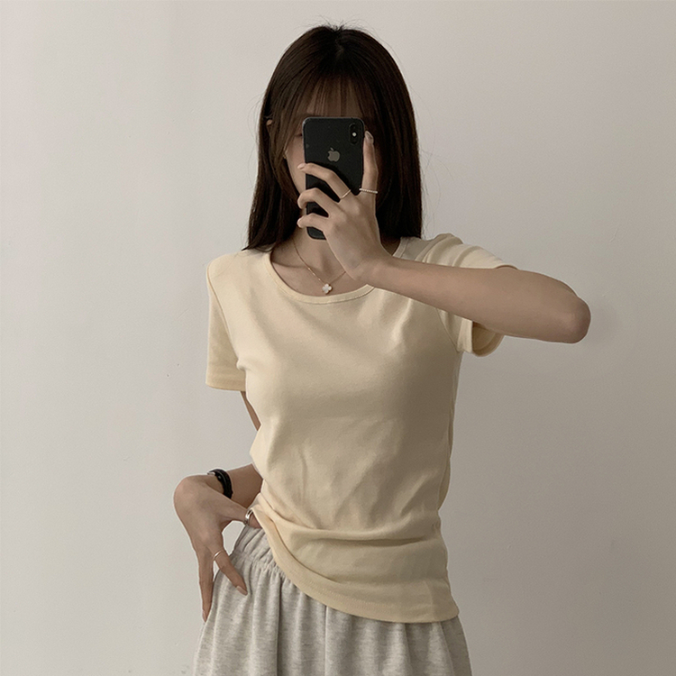 ベーシック無地セミクロップ半袖Tシャツ5色 LIGHT BEIGE