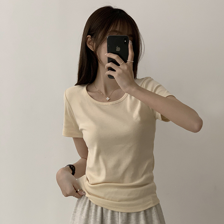 ベーシック無地セミクロップ半袖Tシャツ5色 LIGHT BEIGE