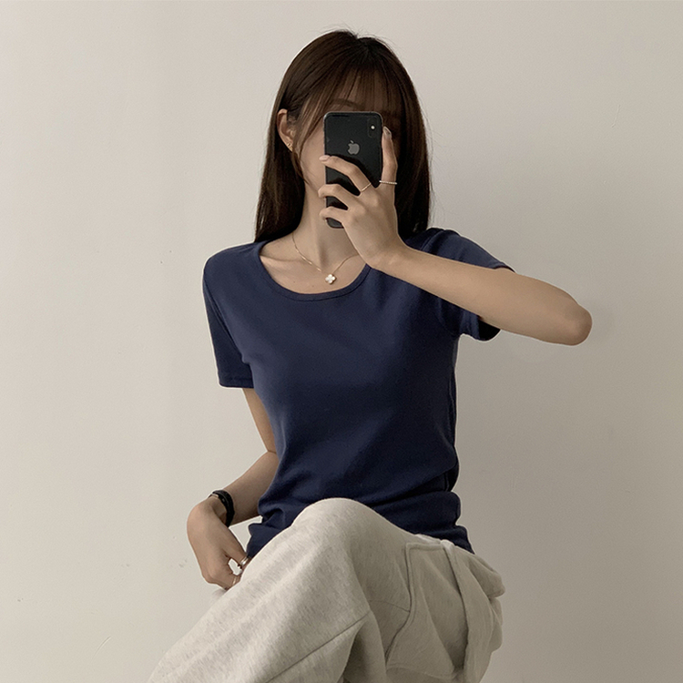 ベーシック無地セミクロップ半袖Tシャツ5色 NAVY