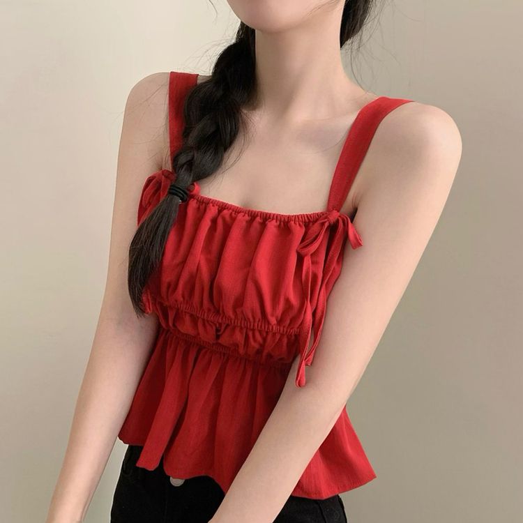 ブラウス リボンバンディングクロップドフレアノースリーブブラウス RED