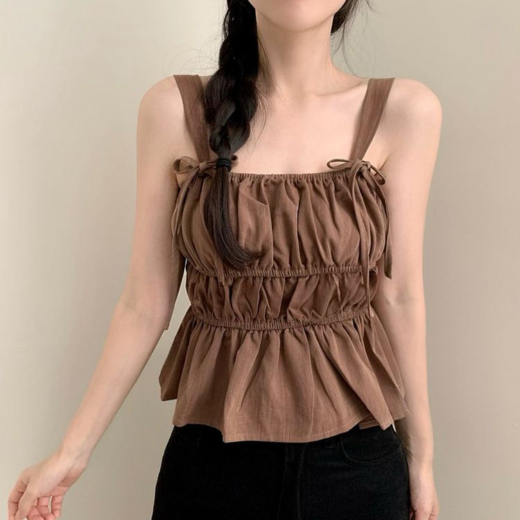 ブラウス リボンバンディングクロップドフレアノースリーブブラウス BROWN