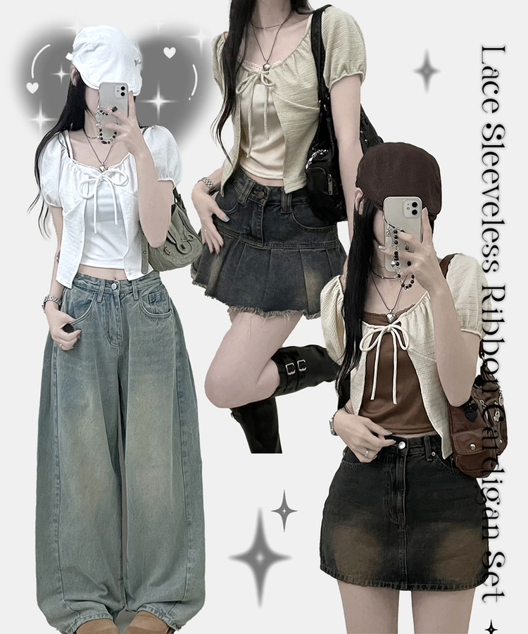 유미레이스나시리본끈반팔가디건세트 화이트