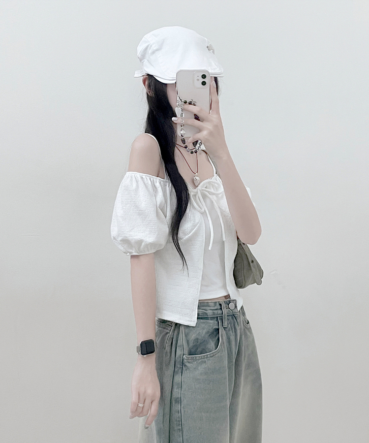 유미레이스나시리본끈반팔가디건세트 화이트