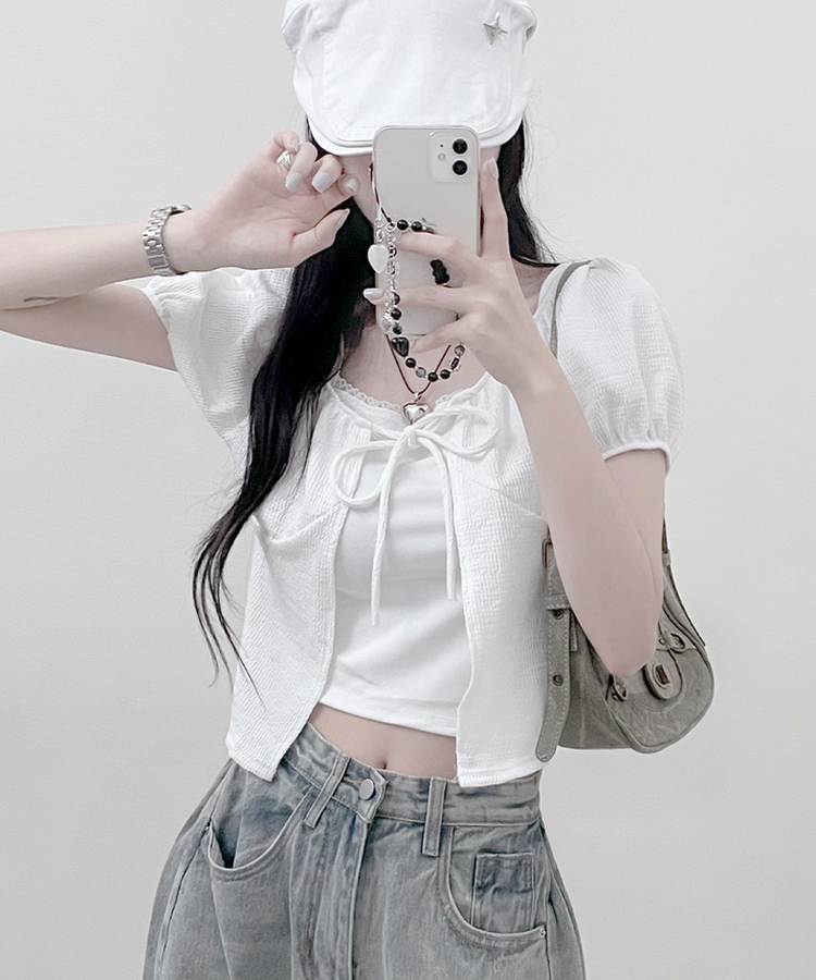 유미레이스나시리본끈반팔가디건세트 화이트