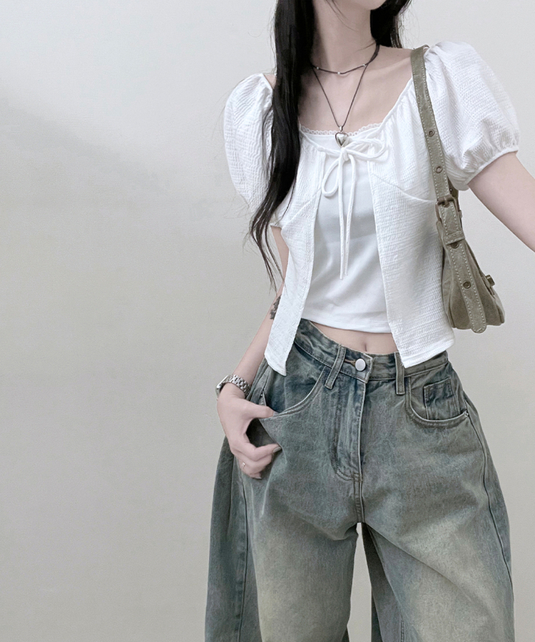 유미레이스나시리본끈반팔가디건세트 화이트