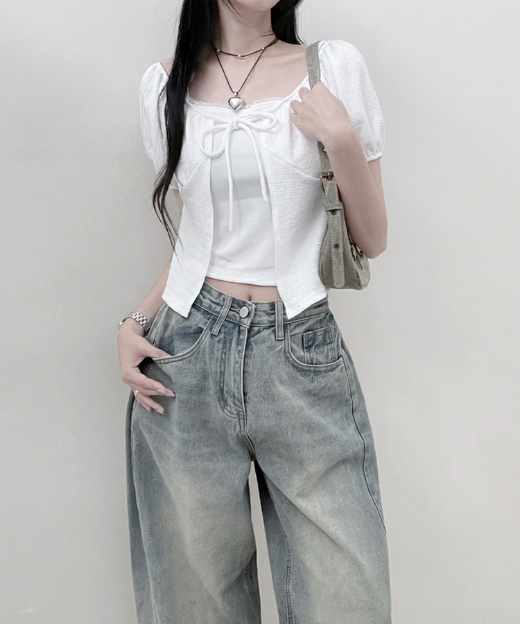 유미레이스나시리본끈반팔가디건세트 화이트