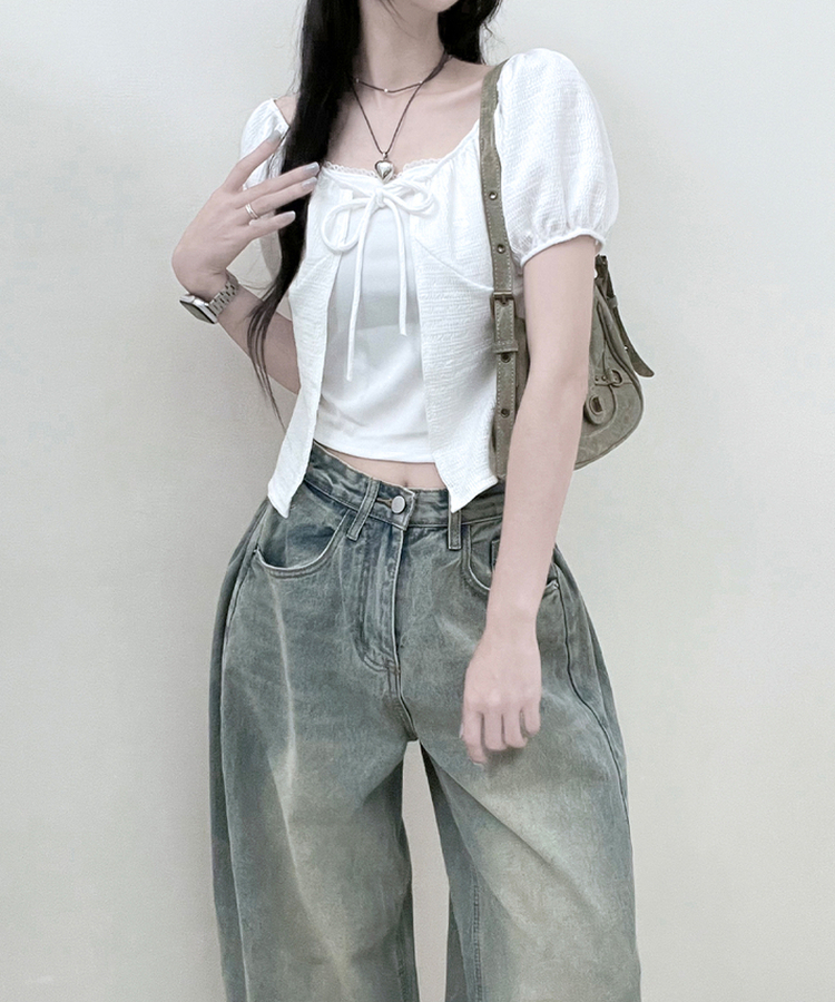 유미레이스나시리본끈반팔가디건세트 화이트