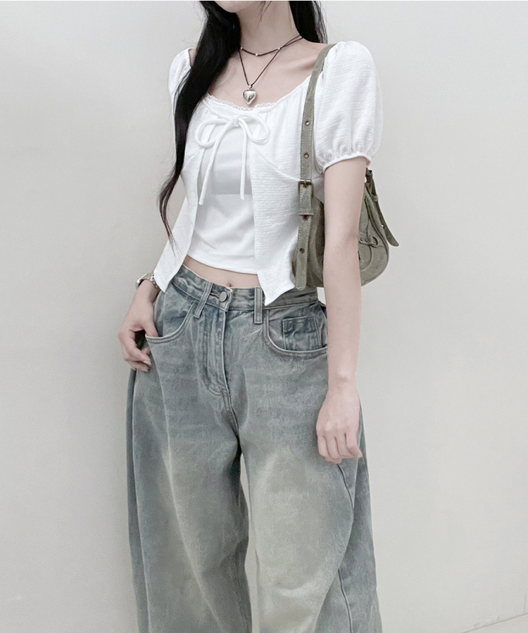 유미레이스나시리본끈반팔가디건세트 화이트