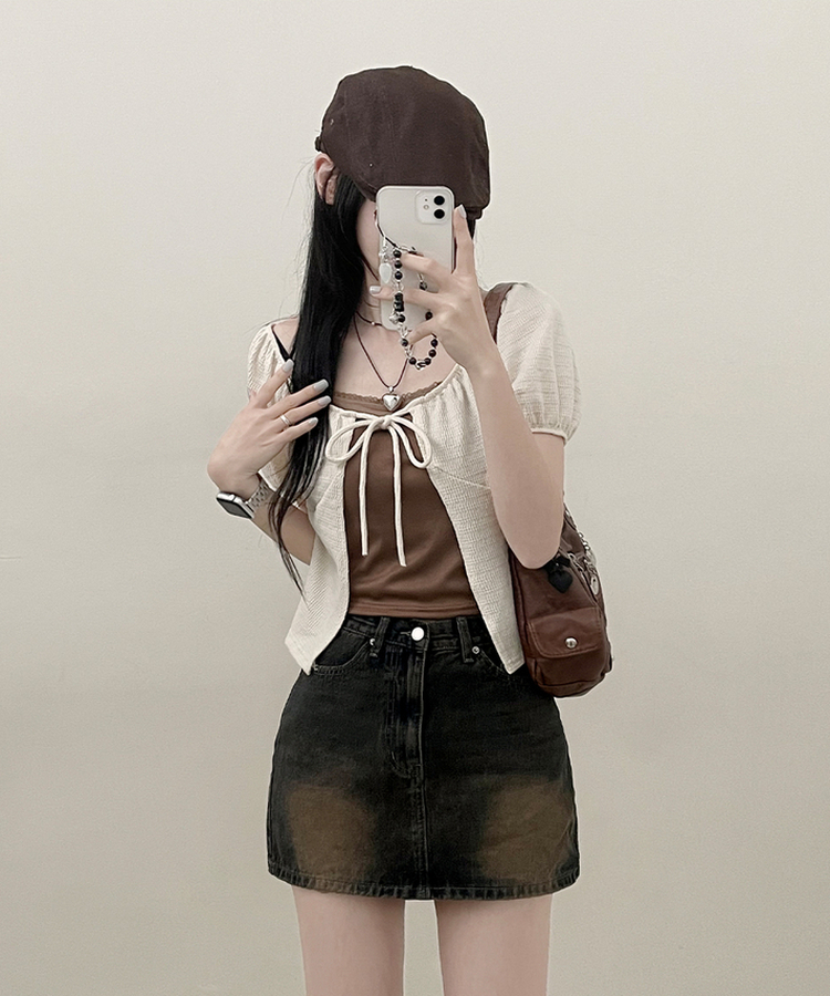 유미레이스나시리본끈반팔가디건세트 밤색