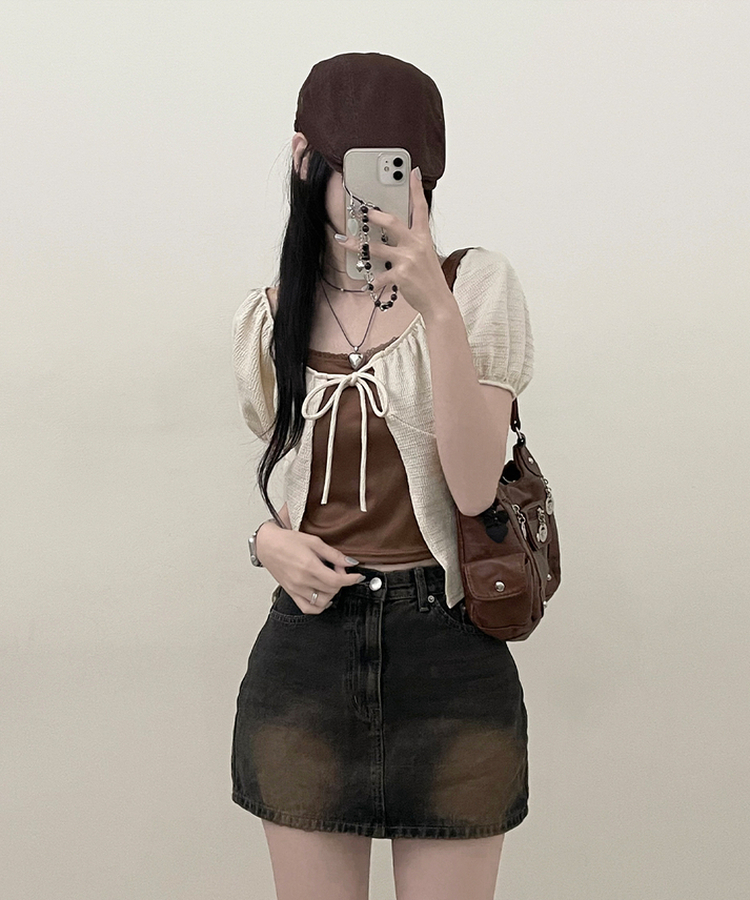 유미레이스나시리본끈반팔가디건세트 밤색