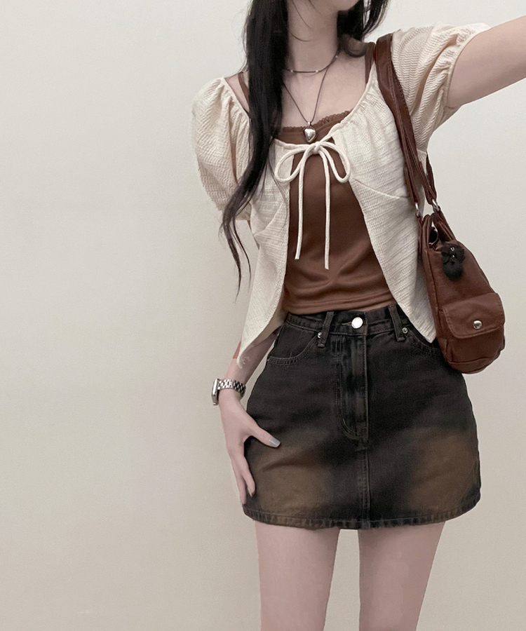 유미레이스나시리본끈반팔가디건세트 밤색