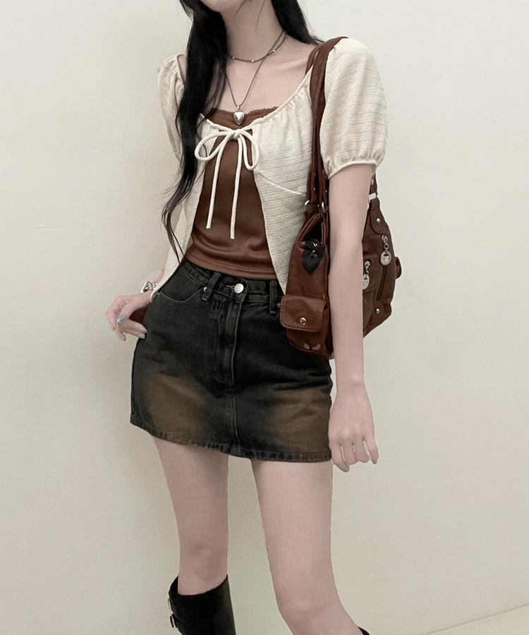 유미레이스나시리본끈반팔가디건세트 밤색