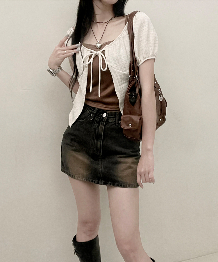 유미레이스나시리본끈반팔가디건세트 밤색