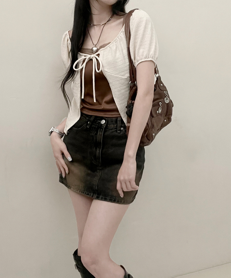 유미레이스나시리본끈반팔가디건세트 밤색