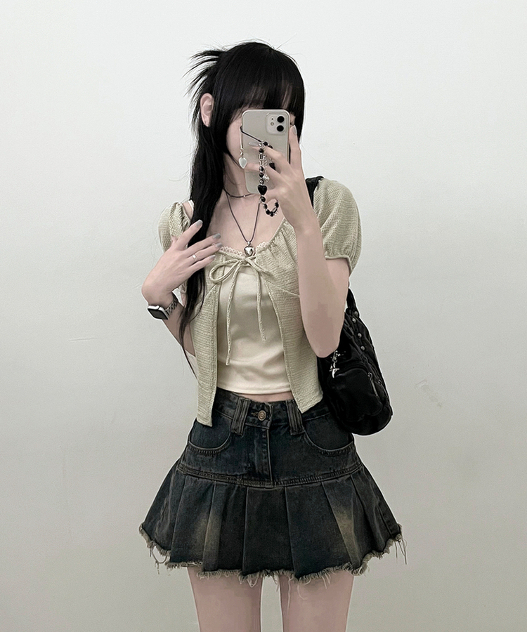 유미레이스나시리본끈반팔가디건세트 연두