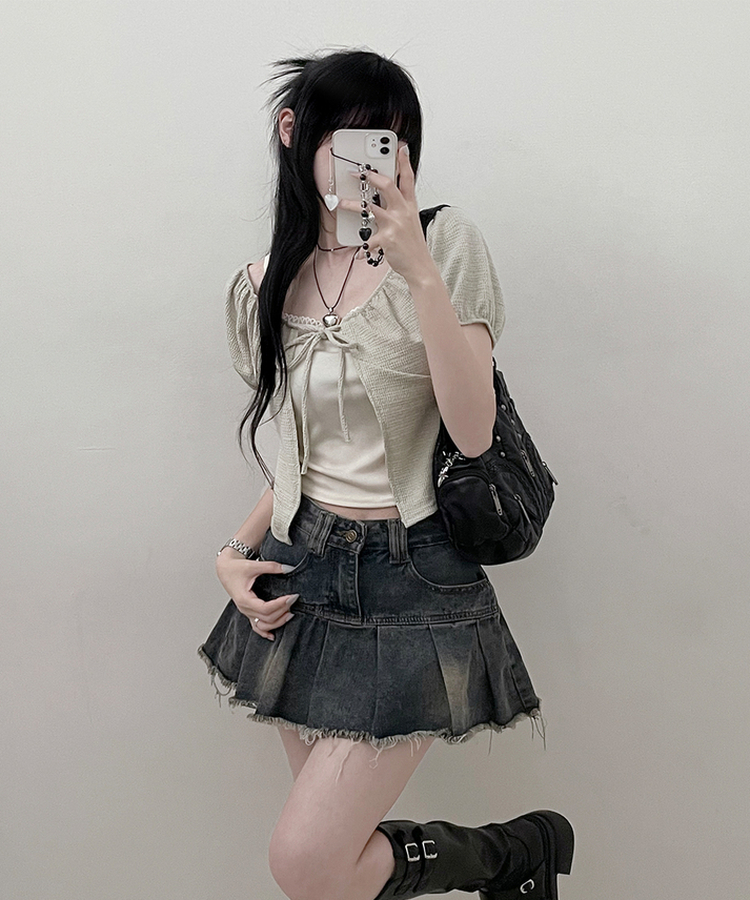 유미레이스나시리본끈반팔가디건세트 연두