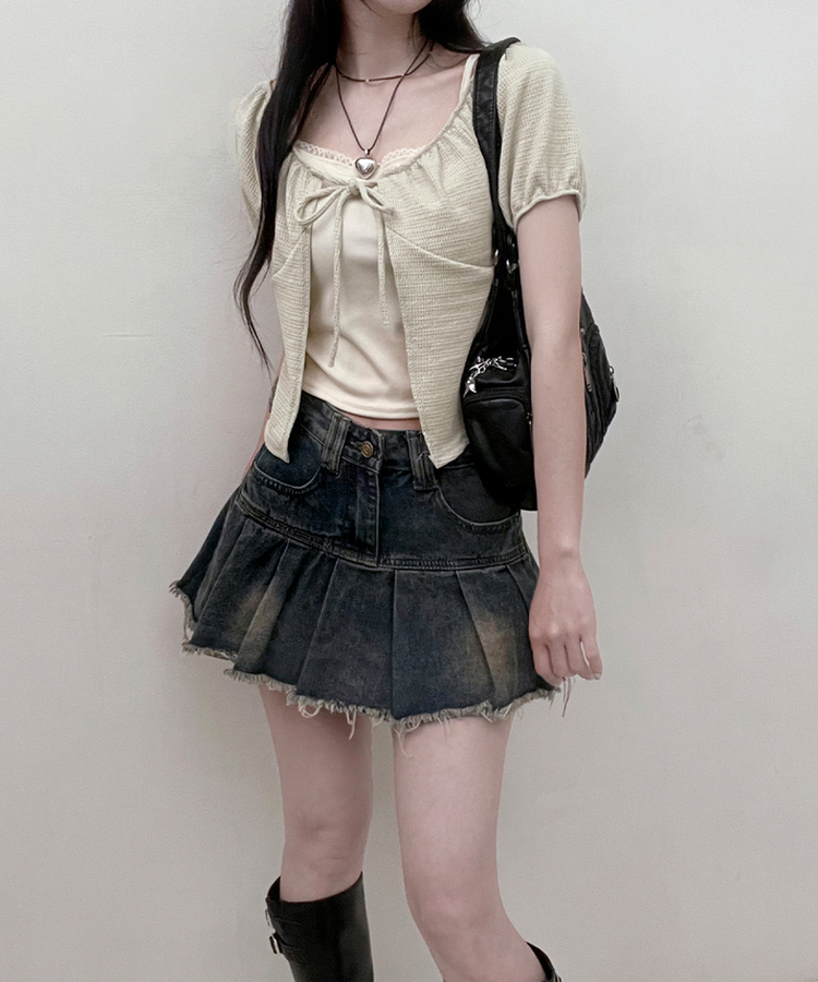 유미레이스나시리본끈반팔가디건세트 연두