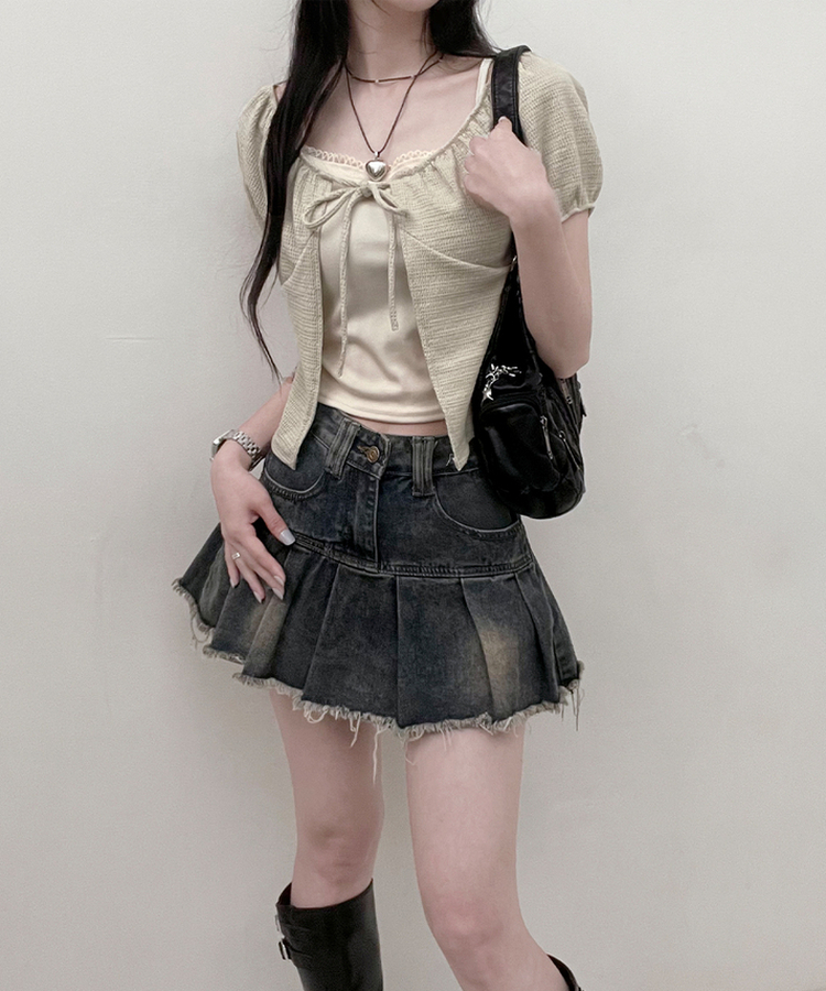 유미레이스나시리본끈반팔가디건세트 연두