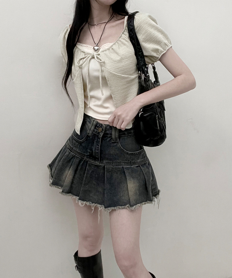 유미레이스나시리본끈반팔가디건세트 연두