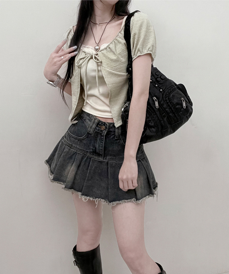 유미레이스나시리본끈반팔가디건세트 연두