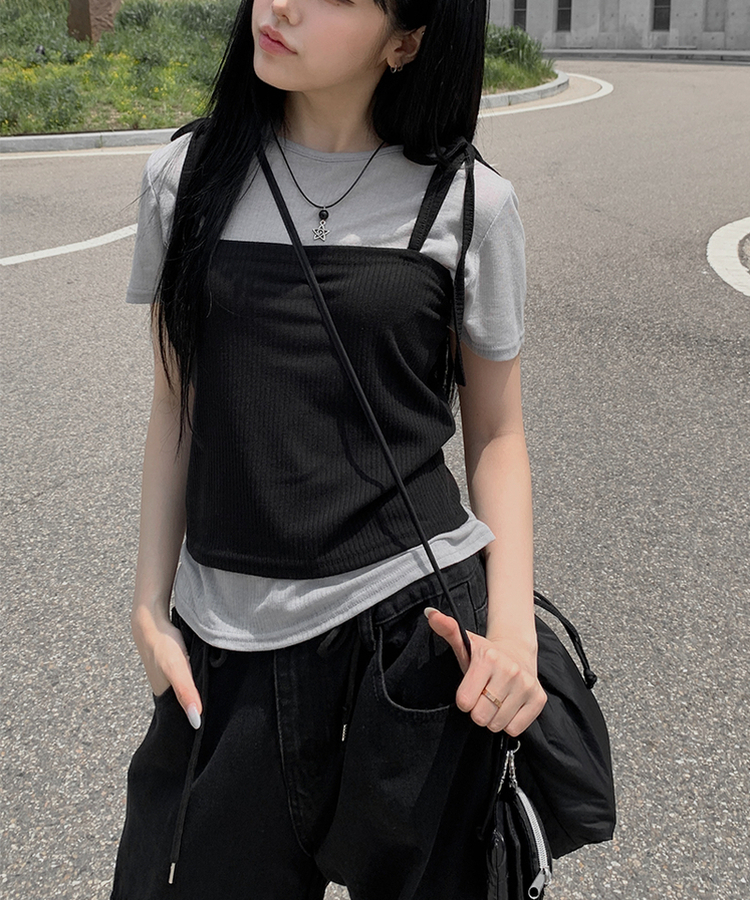SET】ショルダーリボンビスチェ＋ベーシック半袖Tシャツ｜半袖Tシャツ
