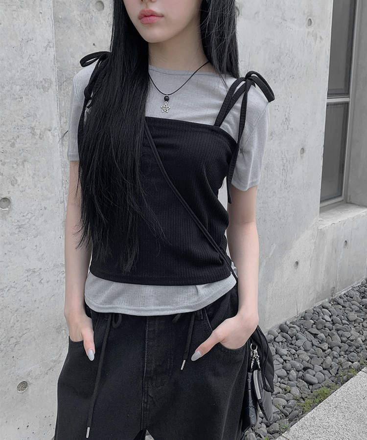 SET】ショルダーリボンビスチェ＋ベーシック半袖Tシャツ｜半袖Tシャツ