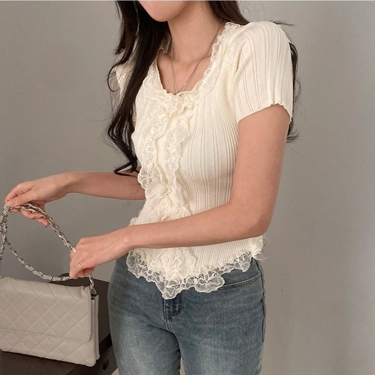 フェミニンフリルレースUネック半袖ニット IVORY