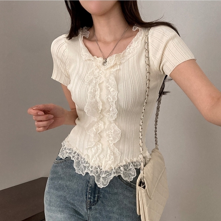 フェミニンフリルレースUネック半袖ニット IVORY