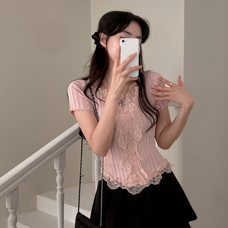 フェミニンフリルレースUネック半袖ニット PINK