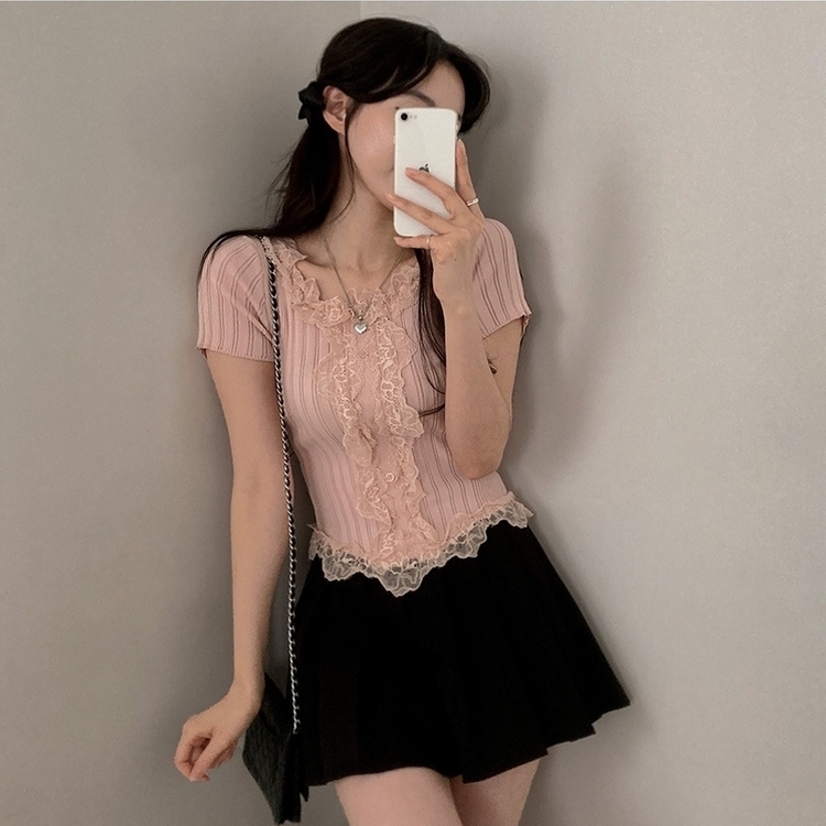 フェミニンフリルレースUネック半袖ニット PINK