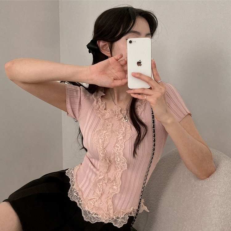 フェミニンフリルレースUネック半袖ニット PINK