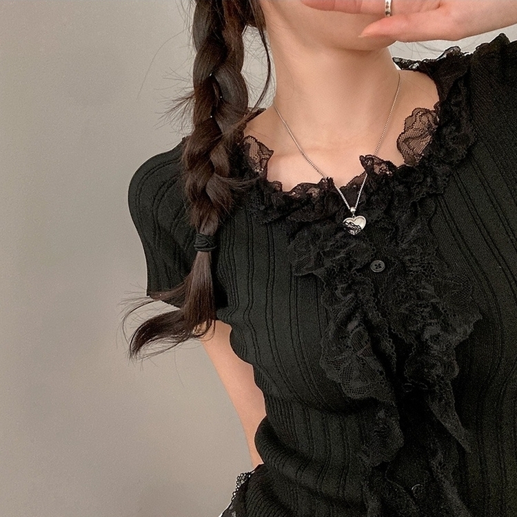 フェミニンフリルレースUネック半袖ニット BLACK