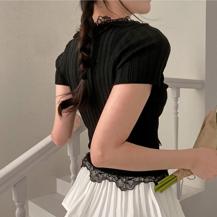 フェミニンフリルレースUネック半袖ニット BLACK