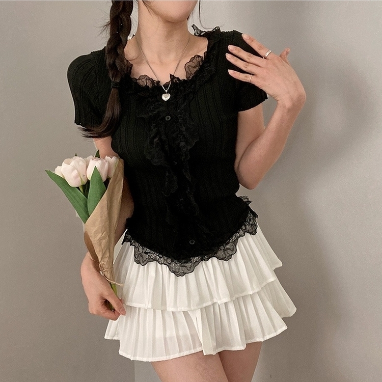 フェミニンフリルレースUネック半袖ニット BLACK