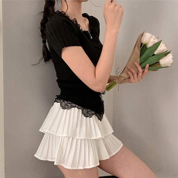 フェミニンフリルレースUネック半袖ニット BLACK