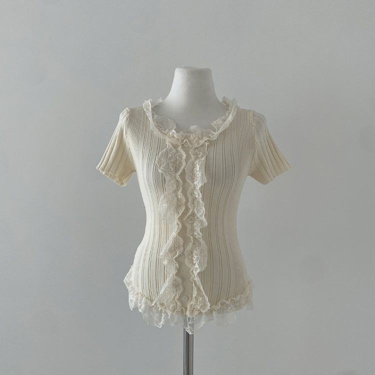 フェミニンフリルレースUネック半袖ニット