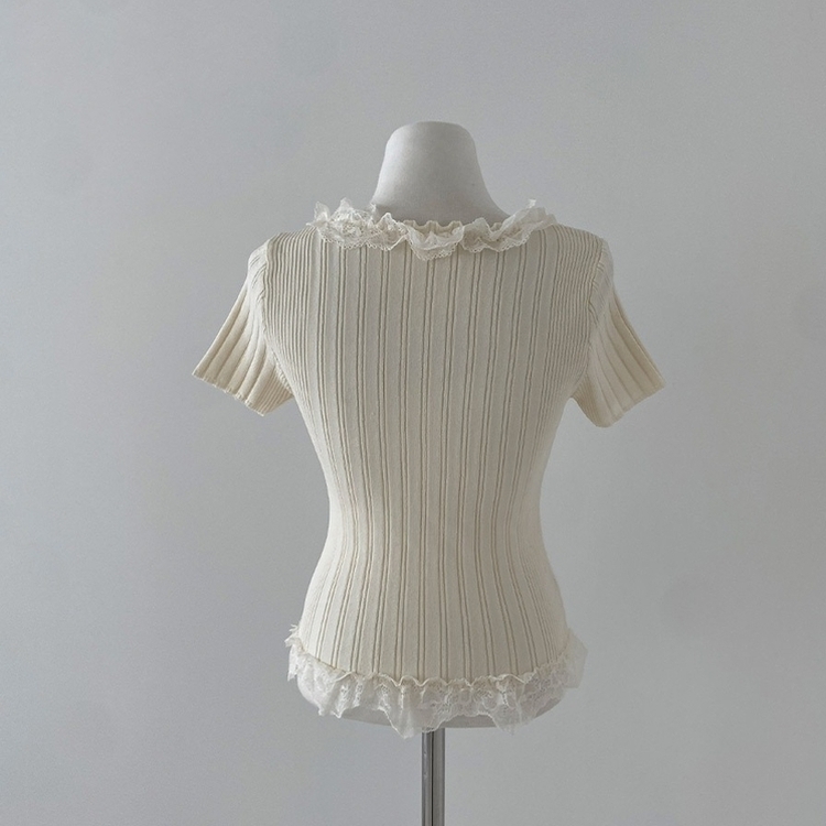フェミニンフリルレースUネック半袖ニット