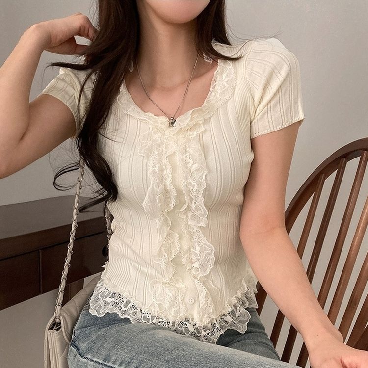 フェミニンフリルレースUネック半袖ニット IVORY