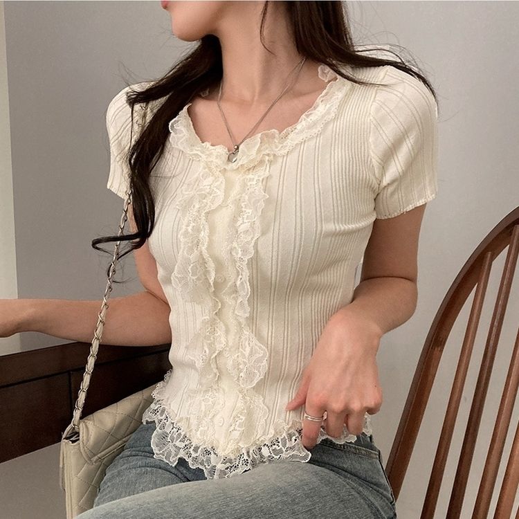 フェミニンフリルレースUネック半袖ニット IVORY